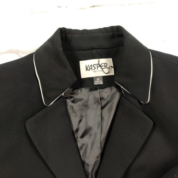 KASPER Womens petite power blazer jacket single breasted black white accent  8P - Picture 3 of 6